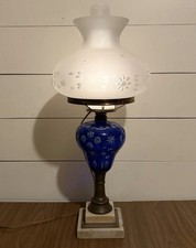 Antique Sandwich Glass Lamp Overlay Cobalt Blue with Marble Base & Etched Shade picture