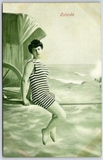 Ostende Bathing Beauty Postcard c1910 Woman Striped Swimsuit Beach Scene picture