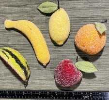 5 Vintage MCM Sugared BEADED Fruit Refrigerator Magnet Set Apple Lemon etc 2-3” picture