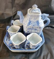 Vintage Blue and White Chinese Dragon Tea Set 4 Cups Serving Tray Porcelain  picture