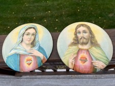 Vtg Sacred Heart Jesus & Mary Catholic Wall Plaque Set of 2 Columbia Medallion  picture