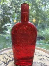 Vtg Wheaton Ruby Red glass liquor bottle embossed florals & the word 