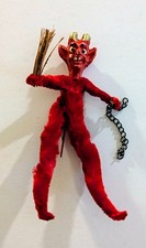 Vintage Mid Century Austrian Krampus Devil Chenille Figure Straw Broom Chain picture