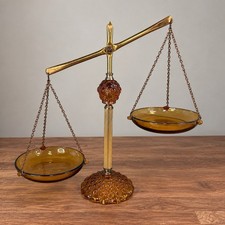 VTG Princess House Amber Bubble Quilted Glass Copper Scales of Justice #321 MCM picture