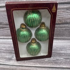 Vtg Krebs Glass Christmas Ornaments Hand Decorated Boxed Set 4 Green Gold picture