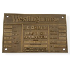 1944 WWII Westinghouse US Navy Bureau of Ships Brass Generator Nameplate Tag picture