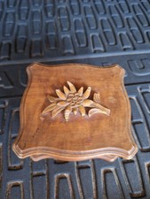 Vintage 1950s Swiss Wood Music Trinket Box w/ Carved Edelweiss Flower Lid Works picture