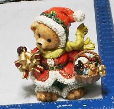 Christmas Santa Teddy Bear Bells Basket of Goodies 8 In Tall Bisque Statue picture