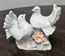 Vintage White Dove Pair Figurine Pink Flower Fan Tails Porcelain Lovebirds picture