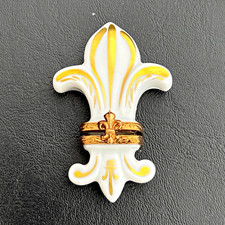 Limoges France Handmade Porcelain Fleur-de-Lis Trinket Box White Gold picture
