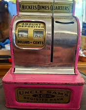 Vintage Pink Uncle Sam's 3-Coin Register Bank WORKING Western Stamping Corp picture