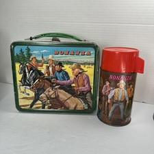 Vintage Aladdin 1963 BONANZA Green Lunchbox Lunch Thermos Hoss Ponderosa picture