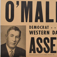 1960s David D. O'Malley Wisconsin State Assembly Dane County Candidate Poster #2 picture