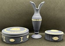 Vintage Wedgwood Jasperware Cobalt Blue Trinket Boxes and Bud Vase picture