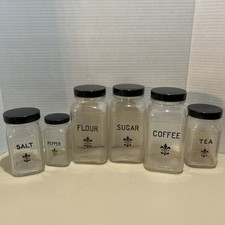 Hazel Atlas Vtg Glass Canister Set Waffle Grid Fleur-de-lis  6 Canisters picture