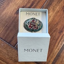 VINTAGES MONET TRINKET COLLECTIBLE BOX RED GREEN ENAMEL FLOWER GOLD LEAVES picture