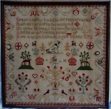 MID 19TH CENTURY WELSH? MOTIF & VERSE SAMPLER BY ANIE ANYAN LISHAM AGED 8 - 1872 picture