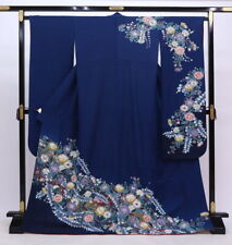 Furisode Kimono Japan Dark Blue, Silver, Tsujigahana, Condition Rank B, Simple picture