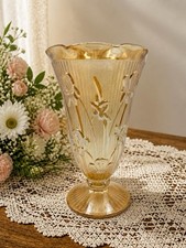 1950's Jeannette Glass Marigold Carnival Iris Herringbone Iridescent  Vase VTG picture