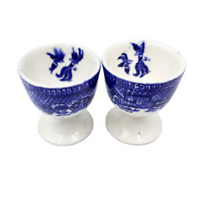 Early Flow Blue Egg Cups Set 2 Birds Footed Porcelain England Antique picture