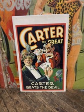 ANTIQUE 1926 CARTER THE GREAT BEATS THE DEVIL POSTER SIGN MAGIC DEVIL POKER RARE picture
