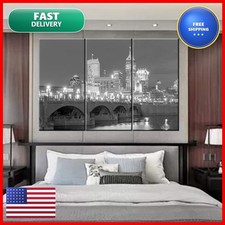 TUMOVO Indianapolis City Skyline Night Modern 3 Panel Stretched And Framed picture