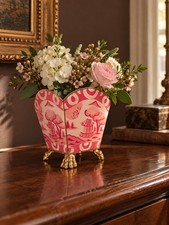 Dana Gibson Canton Pink Chinoiserie Small Cachepot Planter Gold Claw Feet picture