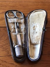 Antique French Figural Scissor Case Fitted Set 1925 Silver Thimble JC&S B'Ham picture