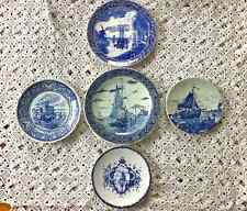 Delft Blue plates (set of 5), ships, sea, fishermen, sailing themed, antique picture