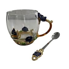 Vintage Clear Glass Enamel Flower Daisy Butterfly Tea Cup Spoon Roses Rhinestone picture