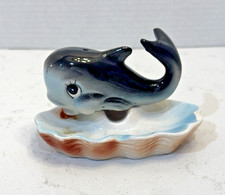 Vintage Kitsch Treasures Japan Ceramic Whale on Seashell Figurine Blue Grey picture
