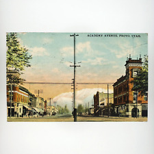 Academy Avenue Provo Utah Postcard c1914 Street Shops Horse Buggy Clock A4102 picture
