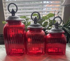 Vintage Artland Mayfair Ruby Red Glass Canister Set of 3 with Unique Pewter Lids picture