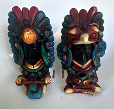Mayan aztec obsedian stone curved warrior figurine sculpture pair picture