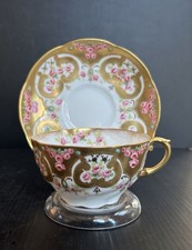 Antique Aynsley England Hand Painted Roses Jeweled TeaCup & Saucer Set picture