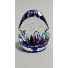 Vtg 1999 Gibson Glass Egg Paperweight Bullicante Cobalt Blue Flower Signed 2.75