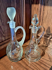 Vintage Etched Glass Decanter Pair – Floral Design – Ribbed Glass Handles & Stop picture
