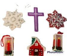 Lot of 6 Vintage Christmas Ornaments Plastic Canvas Yarn Snowflake Candles Cross picture