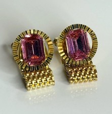 Vtg Gold Tone Red Pink Cabochon Wrap Mesh Cufflinks Mid Century Men’s Jewelry picture