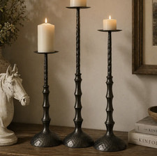 Vintage Metal Hammered Pillar Candelabra Candle Holder Set of 3 Italian Style picture