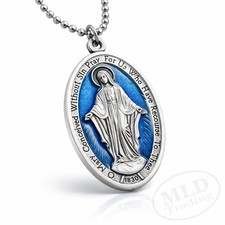 Large Blue Miraculous Medal Pendant Necklace – Made in Italy – 24” Ball Chain picture
