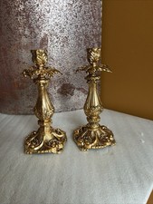 Vintage Rococo Revival Gilt Gold Tone Metal Candlesticks Ornate Acanthus Leaf picture