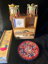 Vintage Japanese Yosegi Wood Miniature Tansu Cabinet Mount Fuji Pencil Box Mat picture