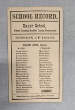 Scarce 1892-93 Saxer School Class Record Rooster Wilmot Twp., Bradford County PA picture