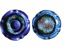 Crystalline Art Pottery Blue Candle Holders or Trinket Dishes Set of 2 NEW COND picture