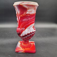 Vintage Imperial Glass End O' Day Red White Swirl Slag Glass Pedestal Round Vase picture