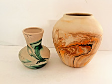2 Vintage Nemadji Swirl Art Pottery Vases Turquoise and Browns Signed 1970s picture
