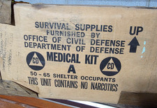 Vintage Dept of Civil Defense Survival Supplies - Drum and Unopened Medical Box picture