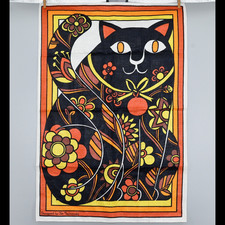 Vintage 1960s Jan Pienkowski Black Cat Linen Tea Towel Poland MCM Halloween picture
