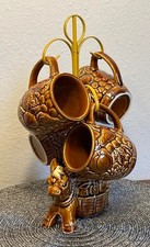 Vintage Japan Donkey Mug Tree Set 4 Fruit Embossed Ceramic Mugs & Holder picture
